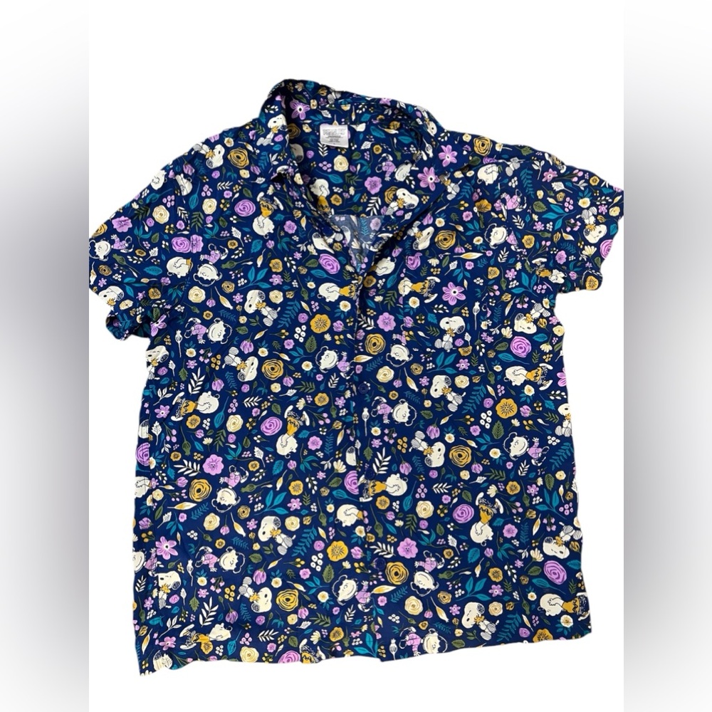 Peanuts Snoopy Floral Aloha Camp Hawaiian Blue Shirt Men’s L Short Sleeve Rayon